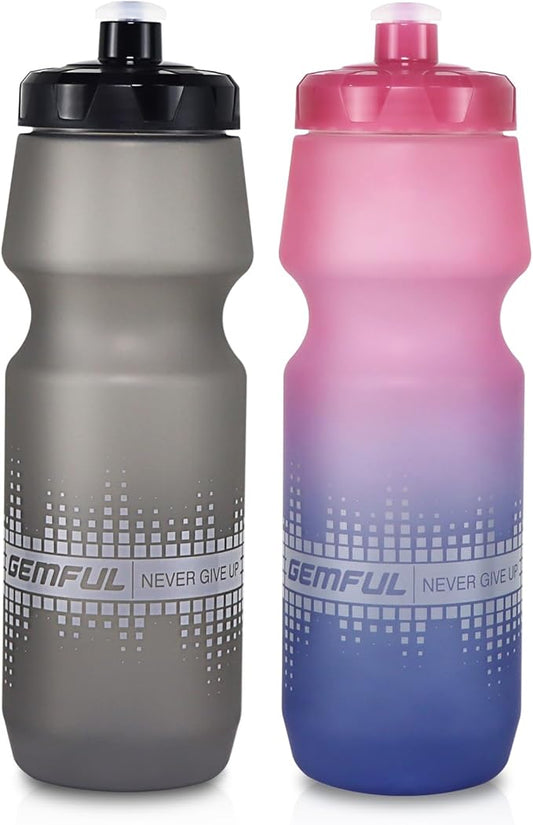 GEMFUL 2 Pack Bike Water Bottles 24oz Squeeze Cycling Drink Bottle BPA-Free Leak-Proof No-Sweat Grip for MTB Commuting Gym Road Bikes (Gradient Pink Blue+Grey)