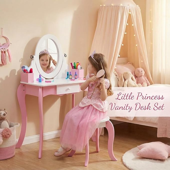 Kids Vanity Set Wooden Princess Play Makeup Table with Stool, Rotating Mirror & Anti-Slip Feet - Toddler Girls Dress Up Dressing Furniture Gift (Pink)