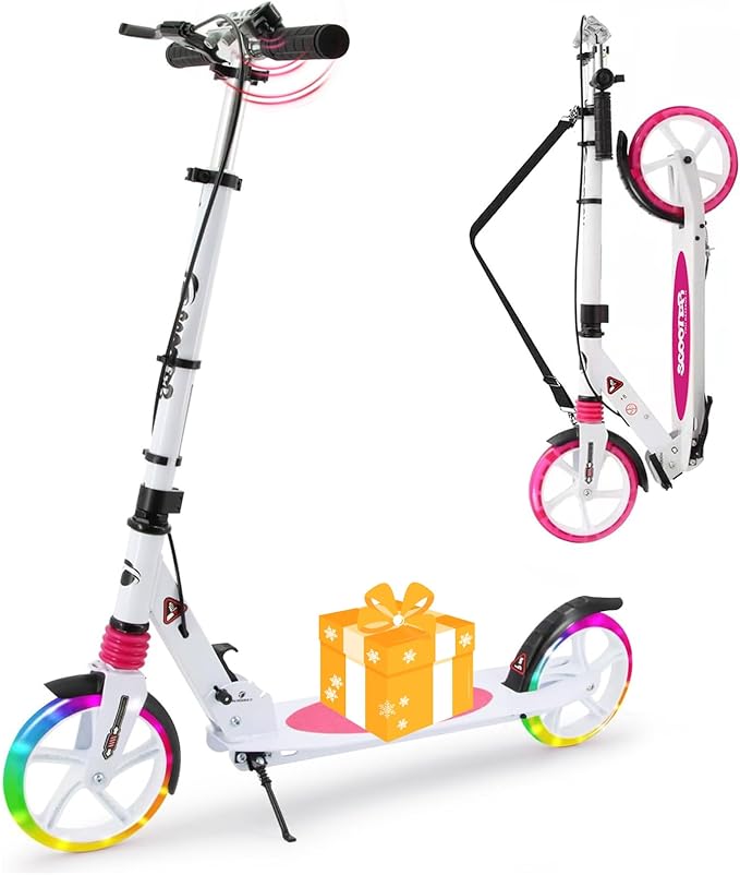 Scooter for Kids Ages 8+ Teens & Adults, Lightweight Kick Scooter with Carry Strap Adjustable Height Equipped with Front handbrake and Rear Brake, Big Sturdy PU Flash Wheels