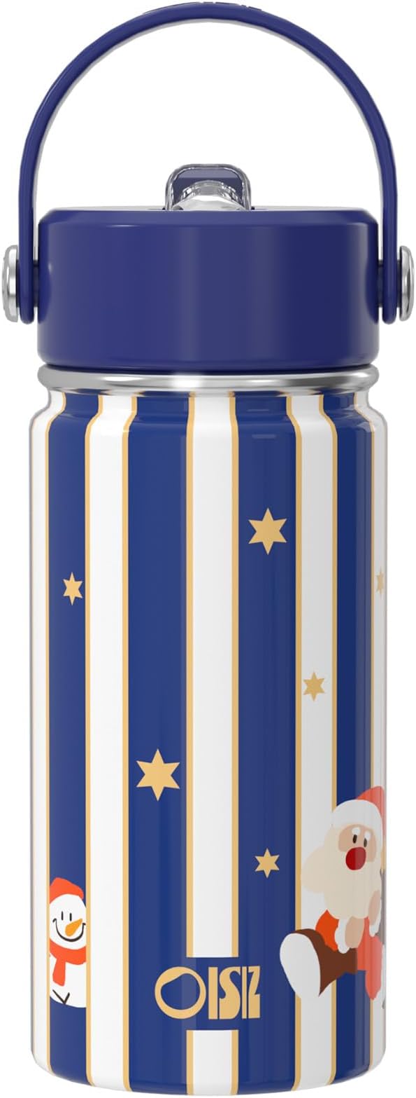 OISIZ Christmas Water Bottle for Kids,14oz Insulated Cup with Straw Lid,316 Stainless Steel Bottles for School,Insulated Tumbler for Holiday Gifts for Kids,Keep Cold for 24 Hours
