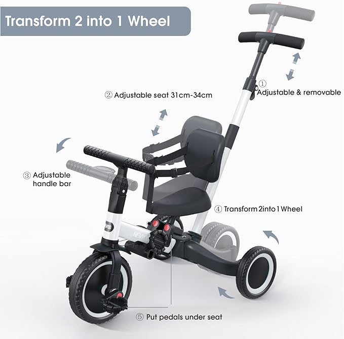 newyoo Toddler Bike, 4 in 1 Tricycles for 1,2,3 Year Olds, Balance Bike, Birthday Gift and Toy for Boys and Girls, Kids Tricycle with Parent Steering Push Handle, Removable Pedals, White, TR007