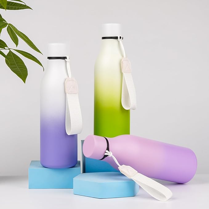 BJPKPK Insulated Water Bottles, 18 oz Stainless Steel Metal Water Bottle with Strap, BPA Free Leak Proof Thermo, Mugs, Flasks, Reusable Water Bottle for Sports & Travel, Lilac Elegance