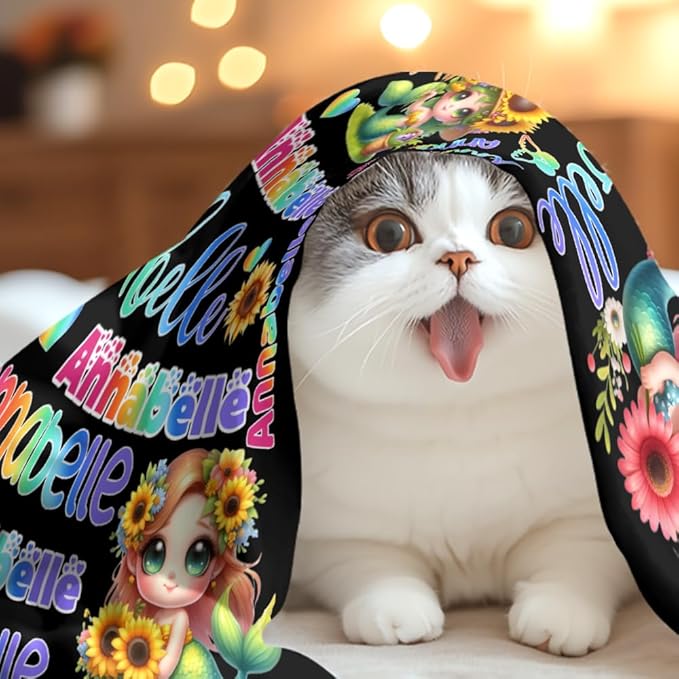 Custom Girl Blanket with Name Personalized Cute Pink Princess Blanket for Newborn Customized Soft Flannel Throw Blanket Memorial Gift for Toddler on Birthday Baby Shower Christmas (Mermaid-4)