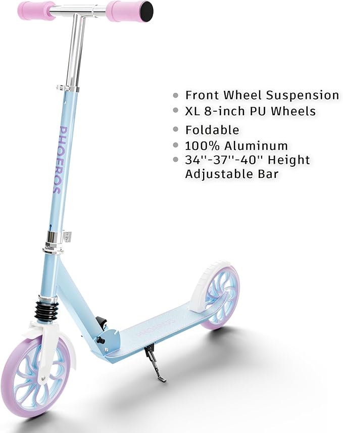 PHOEROS Kick Scooter for Kids Ages 6-12,Teens & Adults, Youth. Lightweight Aluminum Kick Scooter for Teens Adults Boys Girls with 8 inch Big Wheels, Foldable, 3 Height Adjustable, Shock Absorption.