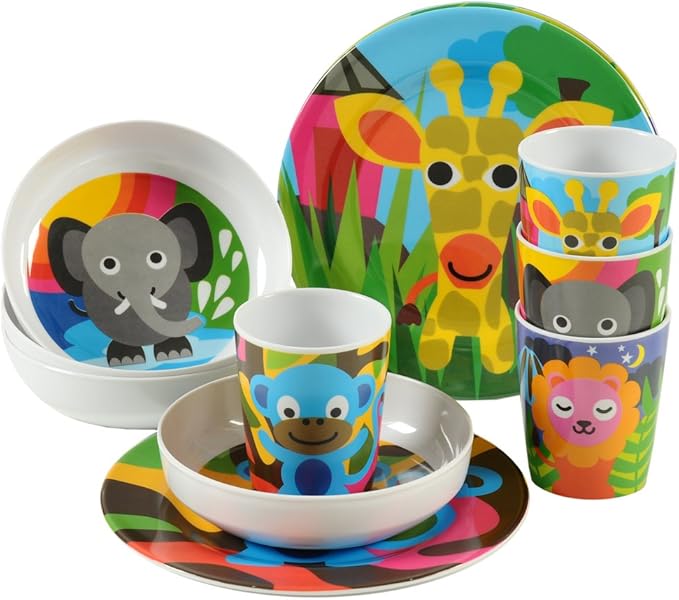 French Bull 4pc Kids Feeding Melamine Tableware Flatware BPA Free Dishwasher Safe, Durable, 4 Count (Pack of 1) Plate Set (Jungle)