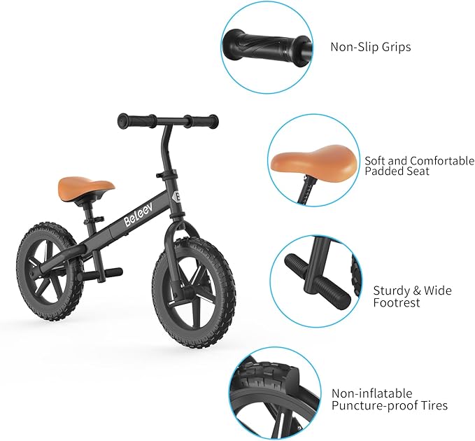 BELEEV C2 Toddler Balance Bike for 2-5 Year Olds with LED Light-Up Wheels, Adjustable Seat & Handlebar & Footrest, 12 inch No-Pedal Training Kids Push Bicycle - First Birthday Gift for Boys & Girls