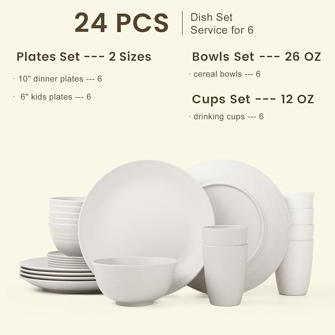 Homienly Premium Wheat Straw Dinnerware Sets - 24 PCS Dinner Plates,Plates,Cereal Bowls,Drinking Cups,Lightweight & Unbreakable Dishes Sets for 6,Dishwasher & Microwave Safe for Home - White