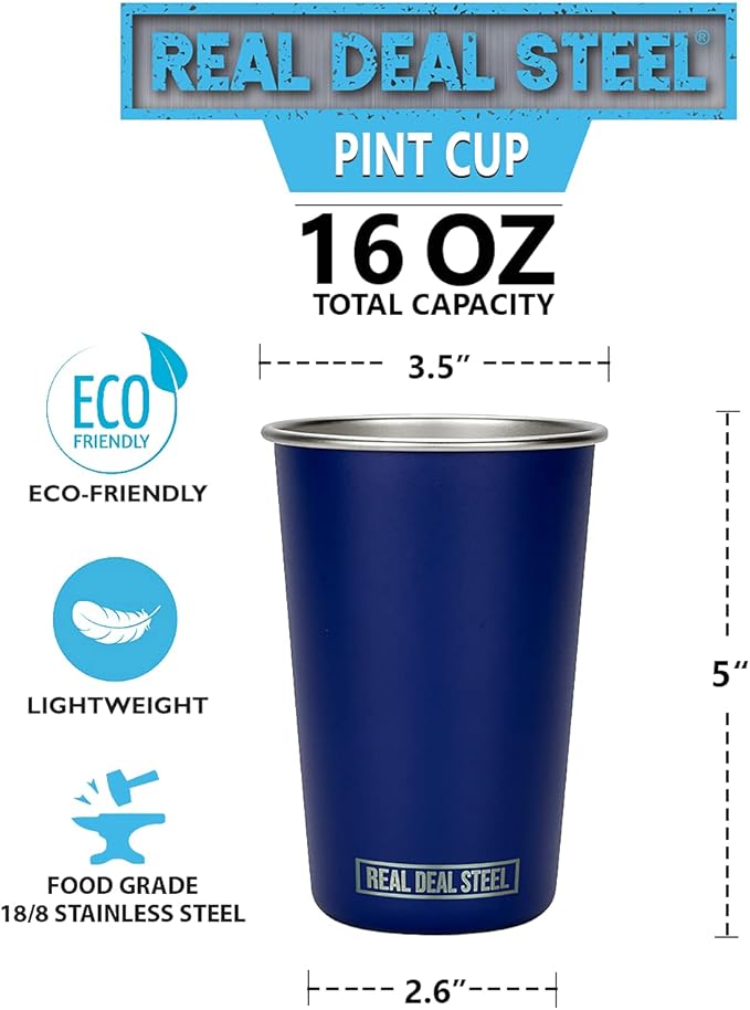 Party Pints: 16 oz Pint Cups, Stackable Tumblers, Eco Friendly Premium Metal Drinking Glasses