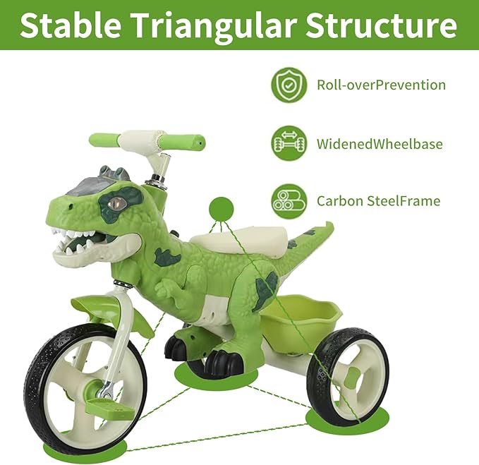 Dinosaur Kids Tricycle for Rider, Toddlers 2-6 Years - Trike Bike with Music, LED Lights, Storage Basket & Rubber Wheels | Indoor/Outdoor Big Wheels Bike Gift for Boys & Girls