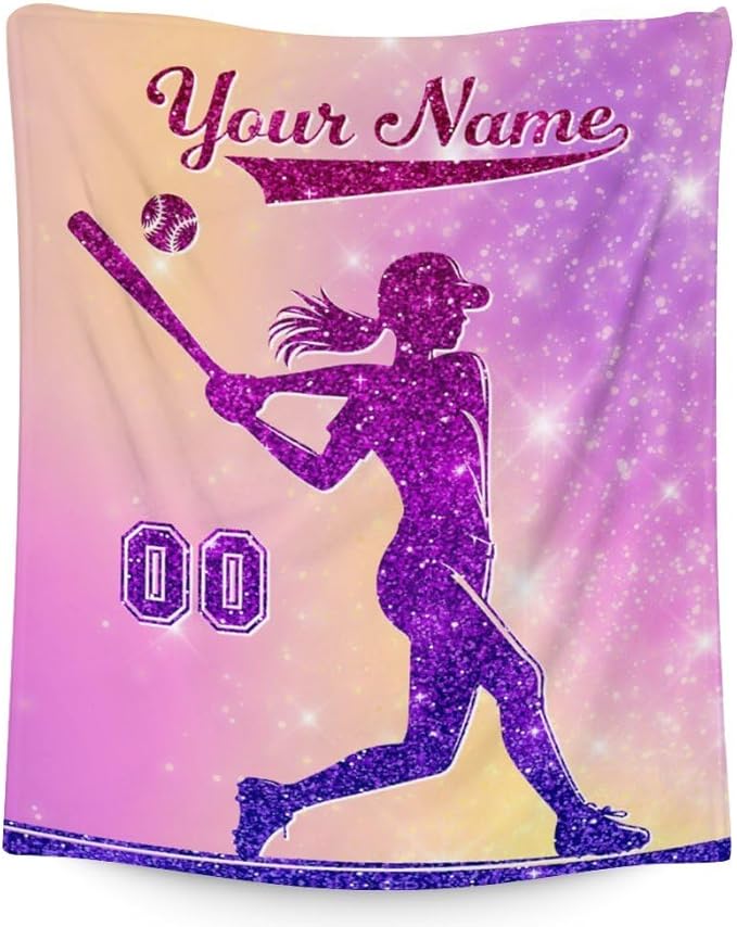 Custom Baseball Blanket Gifts for Girls, 30x40 Inches Sport Throw Blanket for Babies Kids, Personalized Pink Soft Fuzzy Softball Blankets for Couch Sofa Bed