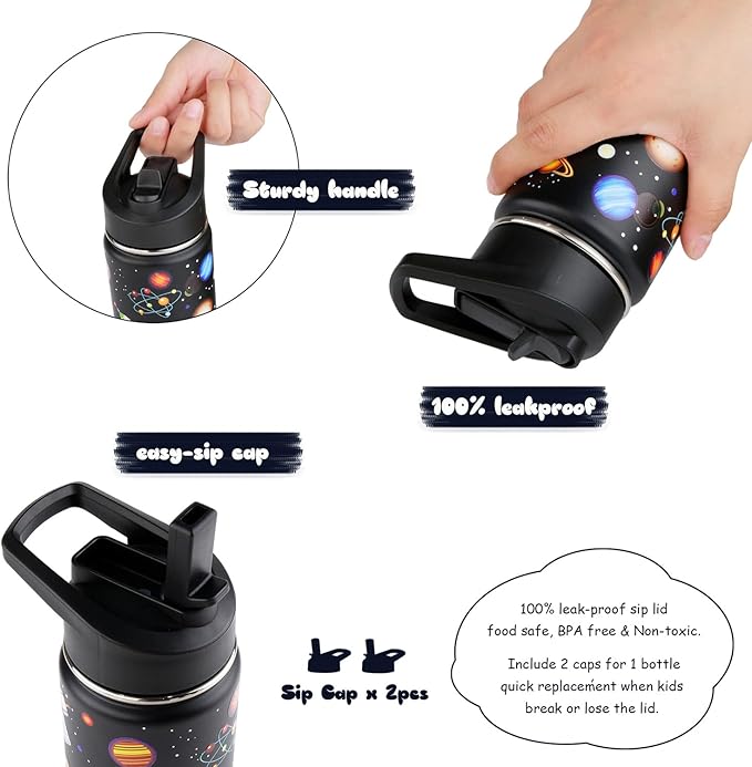 16 oz Stainless Steel Insulated Kids Water Bottle, Leak Proof Metal Thermal Flask with Straw lid, Cute Toddler Tumbler Cup for School Girls & Boys (Black, Space)