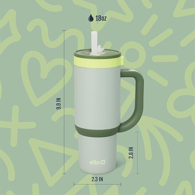 Ello Oasis 18oz Stainless Steel Kids Tumbler with Handle & Retracting Straw, 100% Leakproof, Double-Wall Vacuum Insulated, Kids Water Bottle for School, BPA Free, Dishwasher Safe, Avocado