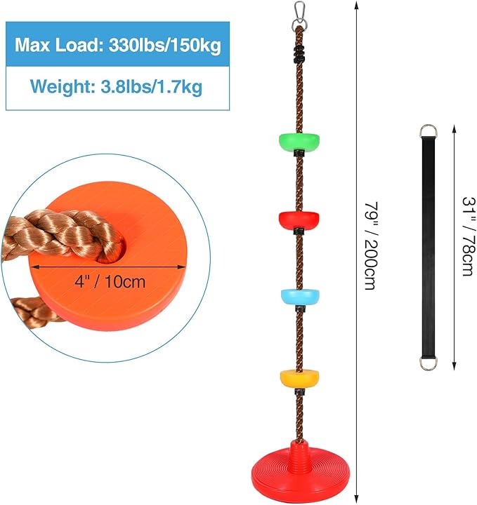 REDCAMP Climbing Rope Swings and Rope Ladder Cambo for Trees, Heavy Duty Plastic Disc Swing Seat for Kids with Hanging Strap and Snap Hooks