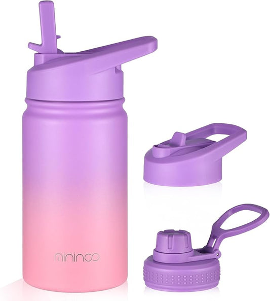 Mininoo Insulated Kids Water Bottle, 12 oz Stainless Steel Water Bottle Kids with Straw Lid and Chug Lid for Girls, Boys (Purple/Pink)