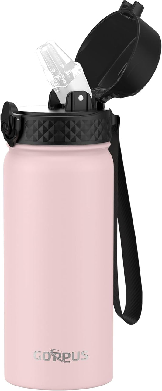 Kids Water Bottle, GOPPUS 18 Oz Stainless Steel Travel Bottle, Double Wall Vacuum Leak Proof Kids Cup for School Boys Girls,Pink