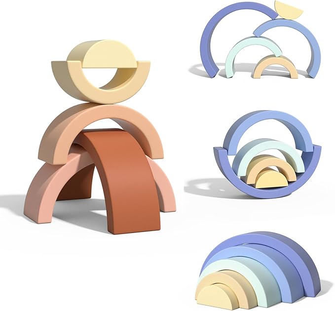 Asweets Wooden Stackable Rainbow Toy, 5 PCS Wooden Building Blocks Set for Baby, Kids and Toddlers, Montessori Rainbow Nesting Puzzle, Enhance Hand-Eye Coordination, Cognitive Development, Pink