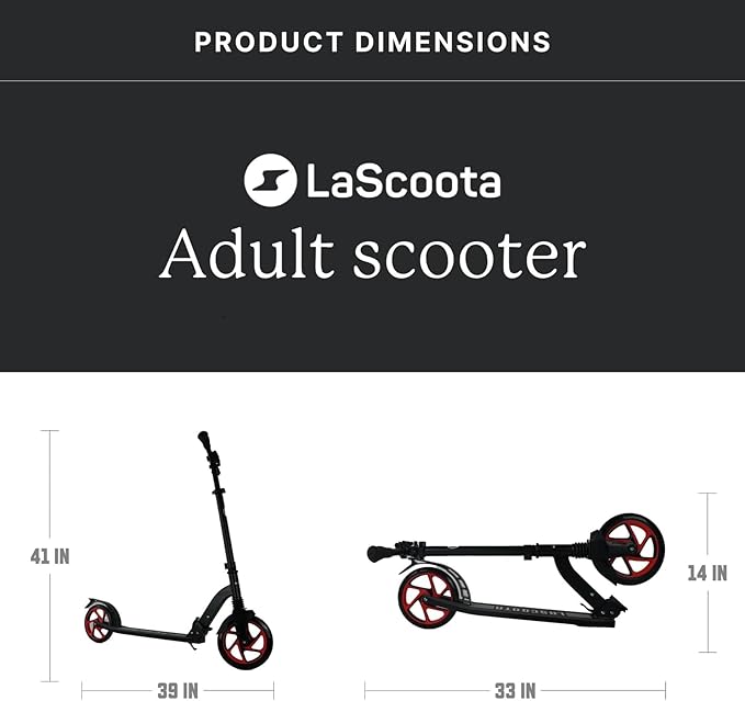 LaScoota Kick Scooter for Kids Ages 6+, Teens & Adults, Large 8" Sturdy Urethane Wheels. Adjustable Handlebar, Lightweight, Foldable, 220lbs Max Load