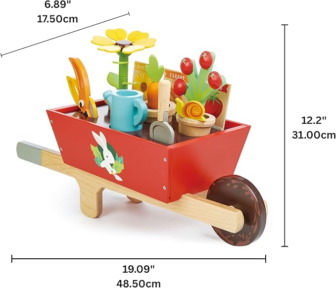 Tender Leaf Toys - Garden Wheelbarrow Set - Deluxe Garden Pretend Play Wooden Toy Set for Gardening - Educational, Creative and Imaginative Fun in Garden for Children 3+