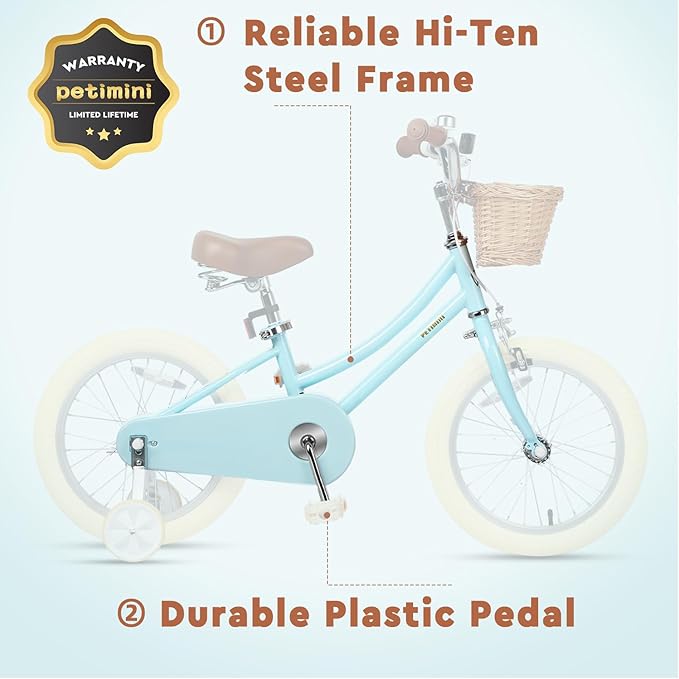 Petimini Girls Bike with Basket for 2-12 Years Old Kids, 12 14 16 18 20 Inch Bicycle with Bell Training Wheels Basket, Multiple Colors
