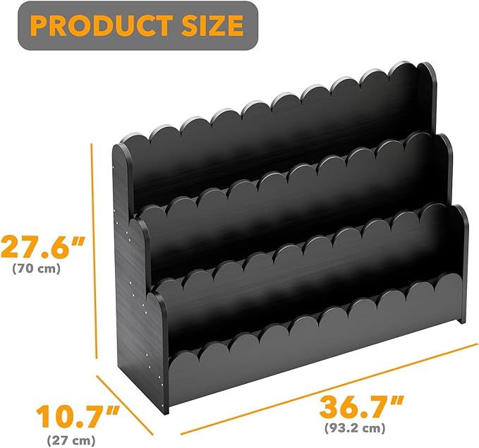 SpaceAid 3-Tier Scalloped Bookshelf, Montessori Bookcase for Toddlers, Wooden Book Shelf Organizer Display Furniture for Kids Rooms, Playroom, Nursery and Classroom, 36.7“ Wide, Black