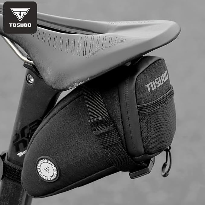 1.2L Aero Horn Bike Seat Bag Waterproof, PU Fabric & Taped Zipper, Bike Bag Reflective Logo & Taillight Mount, Tool-Free Straps, Bike Saddle Bag