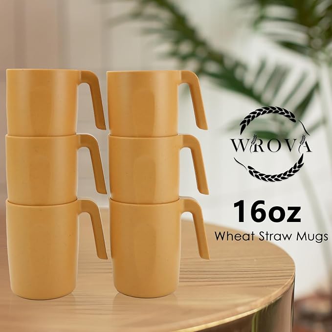 16oz Wheat Straw Cups with handles set of 6-Plastic Cups Reusable-Unbreakable Kids Mugs-Dishwasher Safe & Microwave Safe-Ideal Mugs for Tea,Coffee,Camping,RV-Banana Yellow
