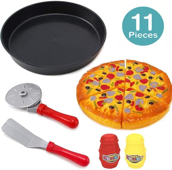 11 PCS Pizza Party Toy Play Set for Kids, Pizza Pie Pretend Play Food - Slice and Serve Plastic Kitchen Cooking and Cutting Playset