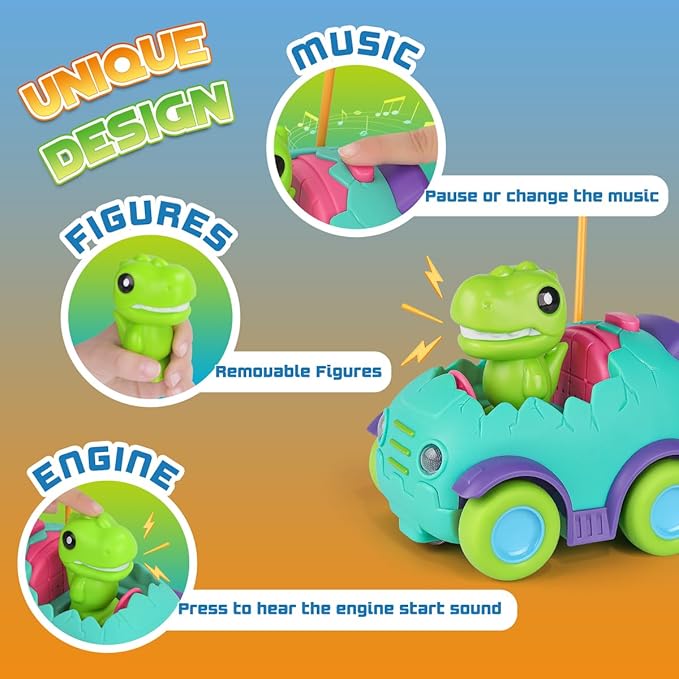 Nueplay Remote Control Car for Toddler Age 2 3 4 5, Electric RC Toys with Light & Music, Toddler Dinosaur Toys, Dino Race Vehicles, Dinosaur Figures Truck, Birthday Gift for Boys & Girls Green