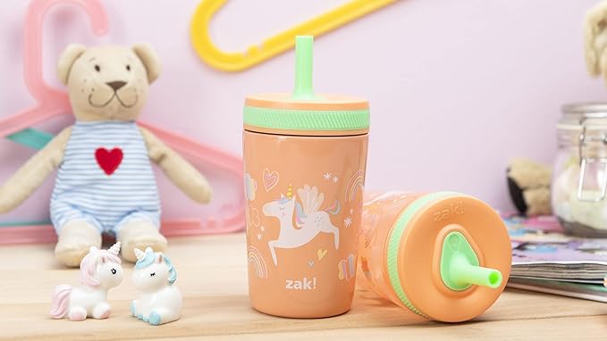 Zak Designs Unicorn Kelso Tumbler Set,Leak-Proof Screw-On Lid with Straw, Bundle for Kids Includes Plastic and Stainless Steel Cups with Bonus Sipper, 3pc Set, Non-BPA