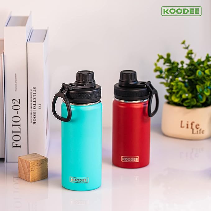 koodee Small 12 oz Stainless Steel Vacuum Insulated Wide Mouth Water Bottle with Leakproof Spout Lid (Canyon Red)