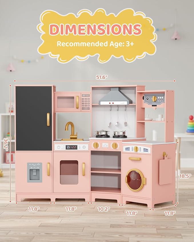 MAMIZO Wooden Corner Play Kitchen, Large Ultimate Interactive Toddler Pretend Kids Kitchen Playset with Blackboard, Stove & Range Hood w/Light & Sound, Ice Maker, Washing Machine, 6 Toy Set (Pink)