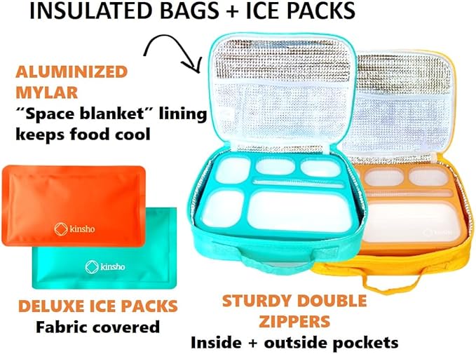 kinsho Bento Box with Lunch Bag and Ice Pack Set | Two Boxes, insulated Bags, Cold Packs for Kids Adults, Value Meal Containers for School Lunches or Snack, 6 Compartments BPA Free, Teal and Orange