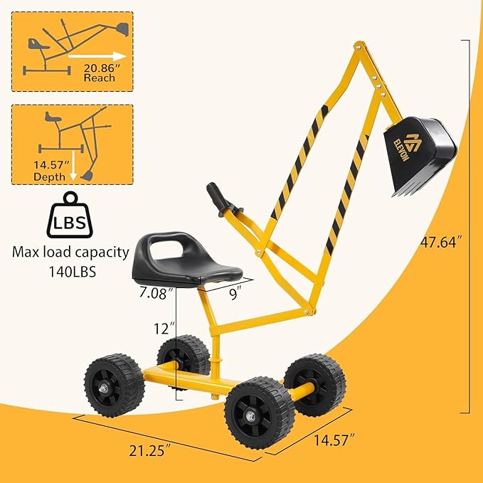 Sand Digger Excavator Toys for Kids Outdoor Sandbox Digger Crane with 360 Degree Rotatable Seat Excavator Ride On Toy Beach Toys Great for Sand Dirt and Snow Steel Outdoor Play Toys, Yellow