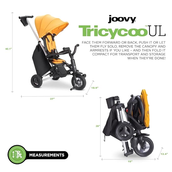 Joovy Tricycoo UL Kids Tricycle with 8 Stages Featuring 3 Rubber Tires, Removable and Adjustable Parent Handle, Safety Harness, 3-Position Recline Seat, and Retractable Canopy, Goldy