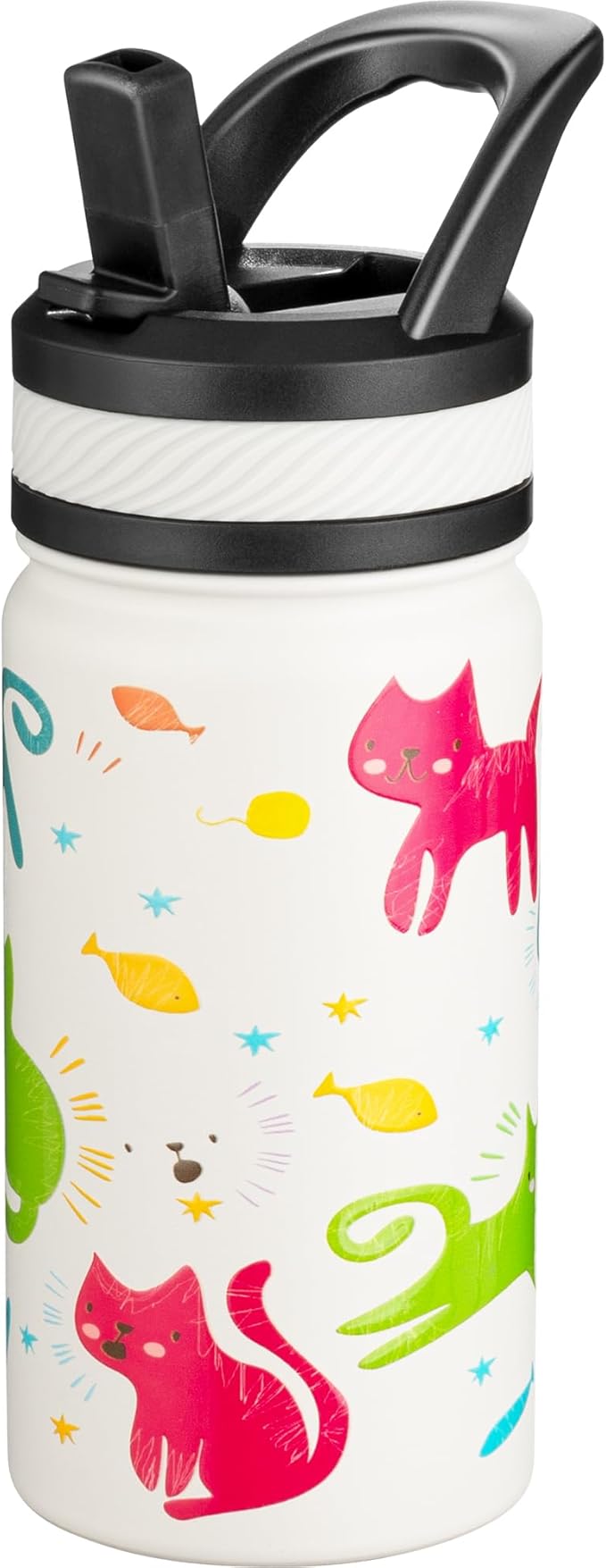 Fanhaw 14 Oz Kids Insulated Water Bottle with Straw - Stainless Steel Double Wall Vacuum Cup, Leakproof, BPA Free, Suitable for Boys and Girls(White - Cats)