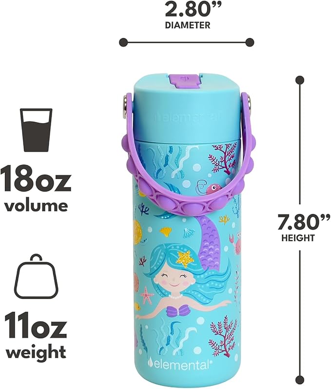 Elemental Insulated Kids Water Bottle, Stainless Steel Water Bottle with Straw Lid & Pop-It Handle, Leak-Proof Water Bottles for School, Boys or Girls, Travelling and Sports, 18oz - Mermaid