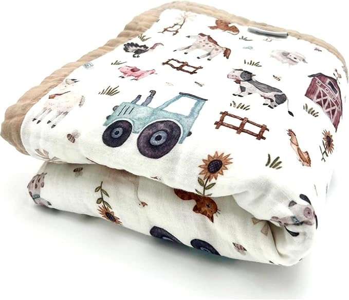 Organic Cotton Muslin Baby Blanket for Boys and Girls - Luxurious Soft Toddler Quilt for Swaddling - Gender Neutral Blanket - Baby and Toddler Gift - Farm