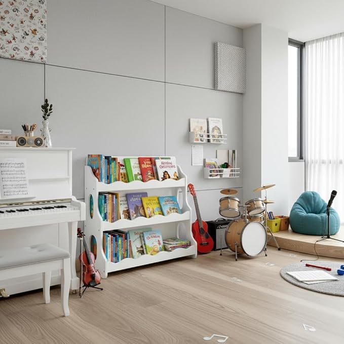 Kids Bookshelf Wooden Montessori Book Shelf Dutch Design 3Tier Scalloped,SnowfallWhite Gift