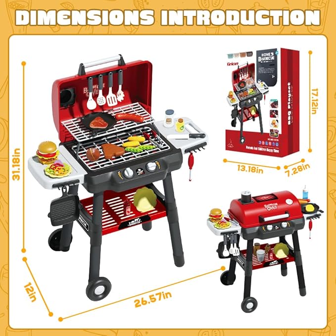 Kids BBQ Grill Playset, Kitchen Playset with Smoke Sound Light and Wheel, Movable Pretend Play Toy Grills for Kids Ages 4-8, 2-Layer Outdoor Cooking Toys for Toddlers 3-5 Birthday Gifts