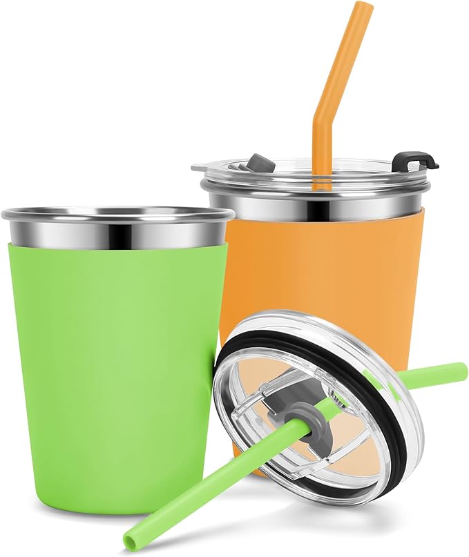 Kids Cups with Straws and Lids Leak Proof, 12oz Sippy Cups for Toddlers 1-3, 2 Pack Spill Proof Cup Stainless Steel Kids Cups with Lids for School, Outdoor (Orange & Green)