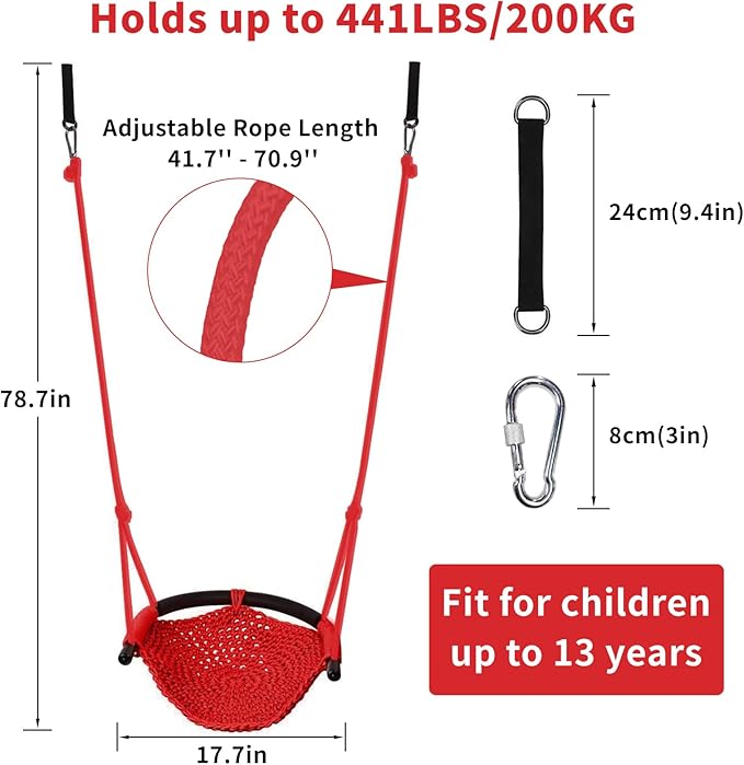 Hi-Na Kids Tree Swing Seat for Kids Rope Swing Seat, Indoor Swing for Kids Outdoor, Backyard Swing Tree Swing Seat Door Swing (Red)