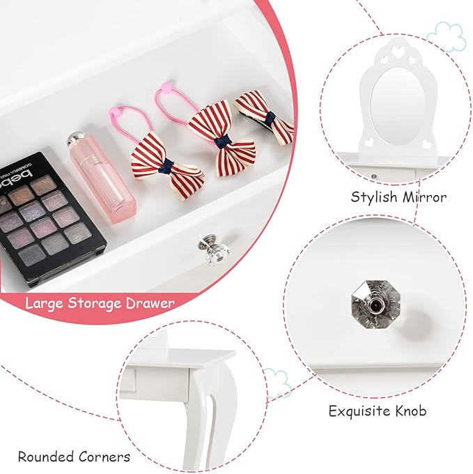 HONEY JOY Kids Vanity Set with Mirror, Toddler Wooden Vanity Table with Stool & Drawer, Removable Top, Princess Pretend Play Beauty Makeup Dressing Table Playset for Little Girls(White)