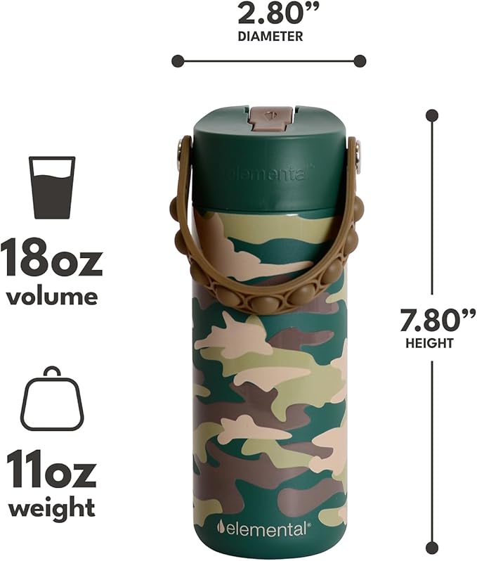 Elemental Insulated Kids Water Bottle, Stainless Steel Water Bottle with Straw Lid & Pop-It Handle, Leak-Proof Water Bottles for School, Boys or Girls, Travelling and Sports, 18oz - Green Camo