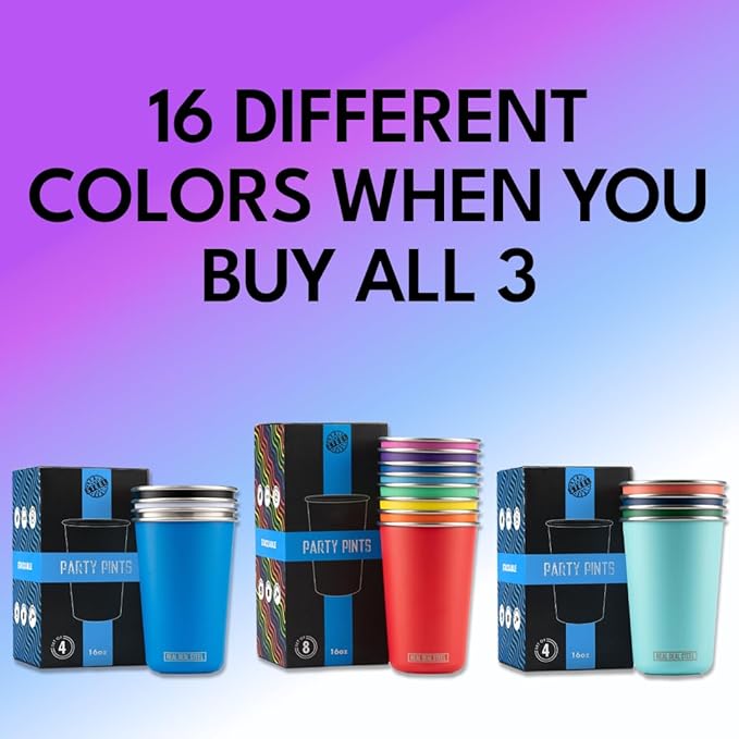 Rainbow Cups 16 oz Pint Cups, Stackable Tumblerrs, Eco Friendly Premium Metal Drinking Glasses