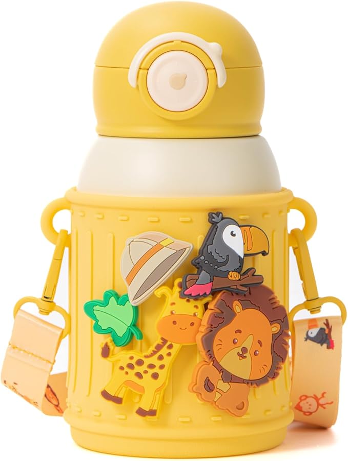 Kids Insulated Tumbler Set – 16 oz Stainless Steel Bottle with 2 Lids (Straw + Pour), Screw-On Cup, Adjustable Strap, Silicone Sleeve + 8 Charms – BPA-Free, Gift-Ready (Safari)