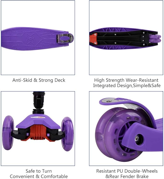 ChromeWheels Foldable Scooters for Kids, Deluxe Kick Scooter 4 Adjustable Height 132lbs Weight Limit 3 Wheel, Lean to Steer LED Light Up Wheels, Best Gifts for Girls Boys Age 3-12 Year Old