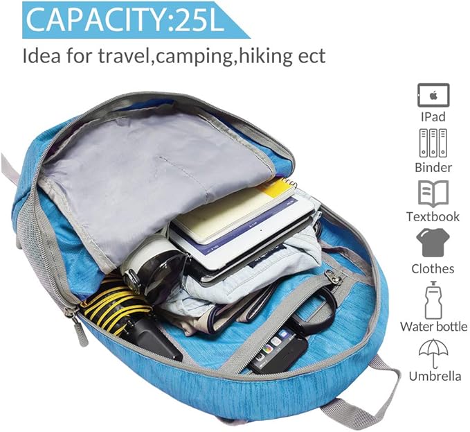 ZOMAKE 25L Ultra Lightweight Packable Backpack, Foldable Hiking Backpacks Water Resistant Small Folding Daypack for Travel(Light Blue)
