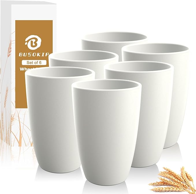 Drinking Glasses 20 OZ Tumbler Large Cups Wheat Straw Cups Set of 6 | Alternatives to Plastic Tumbler Dishwasher Safe Water Glasses Drinking Cup Reusable Cups for Kitchen - White