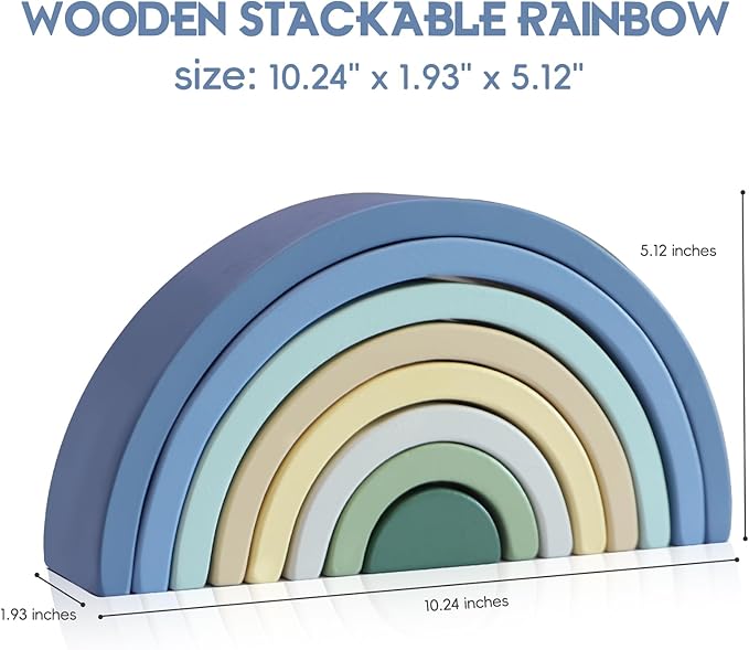Asweets Wooden Stackable Rainbow Toy, 8 PCS Wooden Building Blocks Set for 1 2 3 Baby, Kids and Toddlers, Montessori Rainbow Nesting Puzzle, Best for 18M+, Cognitive Development (Blue)