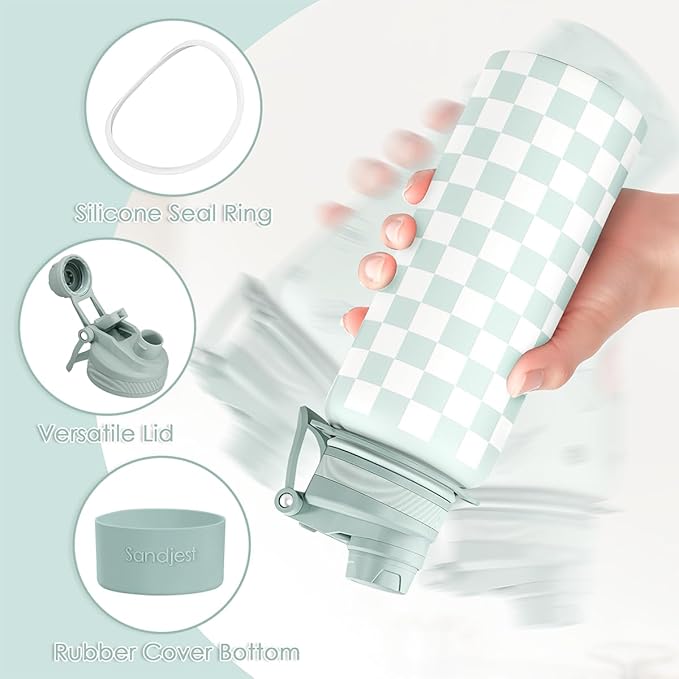 SANDJEST Checker Stainless Steel Water Bottle with Strap 32oz, Insulated Bottles with Straw and Spout Lid for Gym Sports Travel Outdoor, Gifts for Women Girls Birthday Christmas